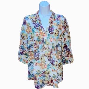 a.n.a A New Approach Floral 1/2 Button Pintuck Semi Sheer Top - Women’s Large